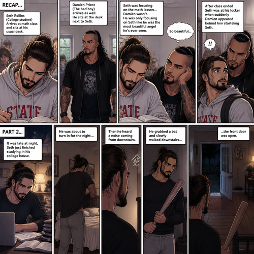 (Recap) Seth Rollins (College student) Arrives at math class and sits at his usual desk,Damien Priest (The bad boy) arrives as well,He sits on the desk next to Seth,Seth was focusing on the math lesson…Damien wasn’t,He was only focusing on Seth like he was the most beautiful angel he’s ever seen,”So beautiful” Damien thought in his mind,After class ended Seth was at his locker when suddenly Damien appeared behind him startling Seth. (And now part 2). It was late at night,Seth just finished studying in his college house. He was about to turn in for the night….Then he heard a noise coming from downstairs. He grabbed a bat and slowly walked downstairs…the front door was open