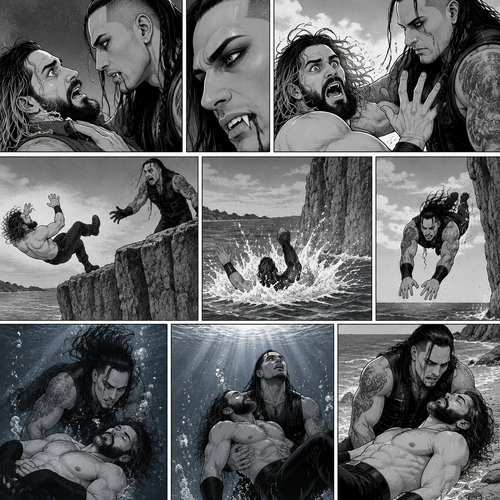 Part 6.Seth Rollins got scared after discovering that the mysterious man (WWE superstar Damien Priest) is a day walker vampire. Seth shoved the man off him…which caused Seth to Stumble and fall off the cliff backwards,Then he hit the water and lost consciousness after. The man was horrified and dived into the water to save Seth,He managed to reach him. He then swam up to the shore with Seth in his arms