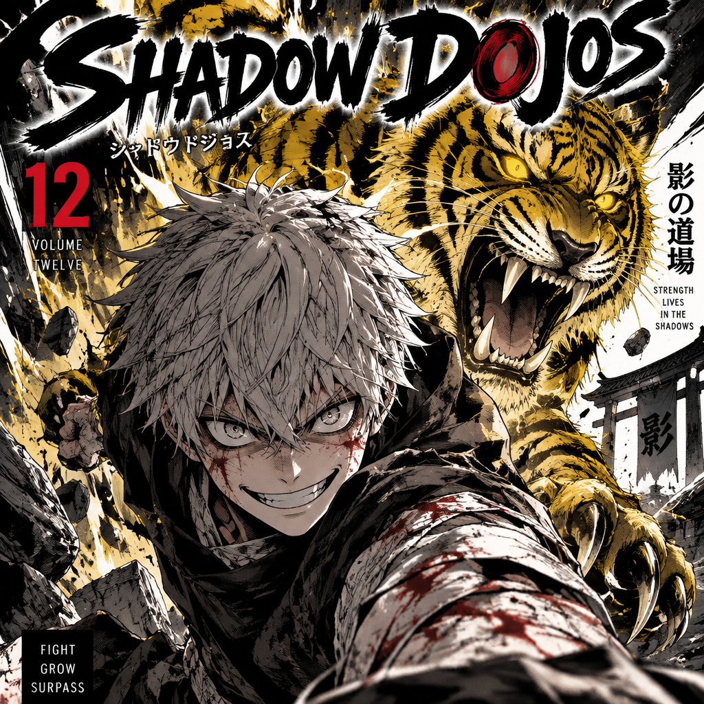 A yellow tiger behind a boy with gray hair and the boy staring into your soul with a huge grin on his face and in a battle
For a cover and the manga is called shadow dojos and is volume 12