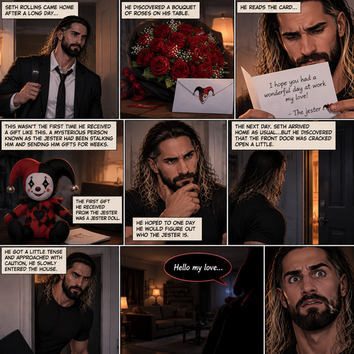 Seth Rollins came home after a long day,He discovered a bouquet of roses on his table. He reads the card,it says “I hope you had a wonderful day at work my love!-The jester”. This wasn’t the first time he received a gift like this. A mysterious person known as the Jester had been stalking him and sending him gifts for weeks. He was never able to figure who this person is. The first gift he received from the jester was a jester doll,He hoped to one day he would figure out who the jester is. The next day,Seth arrived home as usual….but he discovered that the front door was cracked open a little. He got a little tense and approached with caution,he slowly entered the house. Then…he heard a voice coming from the living room “Hello my love”