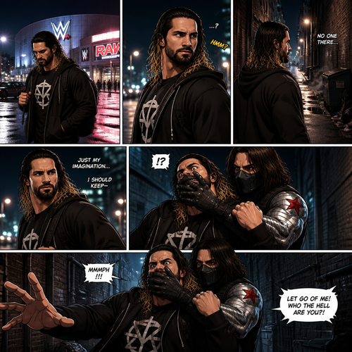 Seth Rollins walking home from the arena alone.Then…he sensed a presence behind him…He turned around…but no one was there.He was about to turn around again…Then he was grabbed from behind…It was the winter soldier.He covered Seth’s mouth with his hand before he could scream.The winter soldier Dragged Seth into an alleyway.Seth struggled 