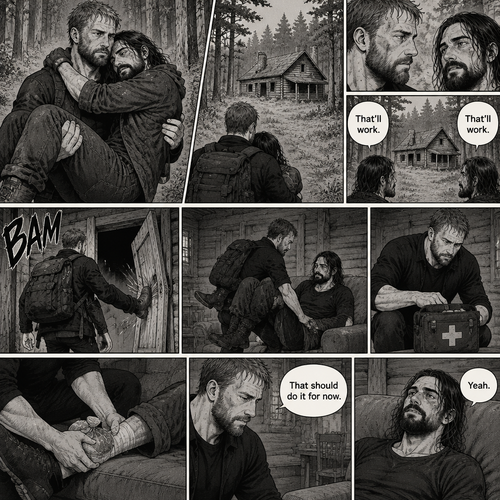 (Part 5). Still in the zombie apocalypse. Jon Moxley was walking in the woods while Holding Seth Rollins in his arms after emotional reunion near the river. Seth was resting his head on Jon’s shoulder while holding on. Jon looked ahead and he sees an abandoned Cabin. Seth Sees it too. Jon and Seth looked at each other,Then they looked back at the cabin. “That’ll work” Jon and Seth said in unison. Jon walked to the cabin,Then he kicked the door open and walked inside. He gently put Seth down on the couch. He reached into his bag and pulled out a first aid kit,He gently lifted Seth’s sprained ankle,He grabbed an ice pack from the first aid kit and gently puts it on Seth’s ankle. “That should do it for now” said Jon. Seth nodded 