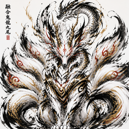 Fuse Oni, loung dragon,9 tail fox into a 9 tail fox chest style that has all the best appearance from Fuse Oni, loung dragon,9 tail fox. Only show final product. Colors white,gold,red,black.details 10% 