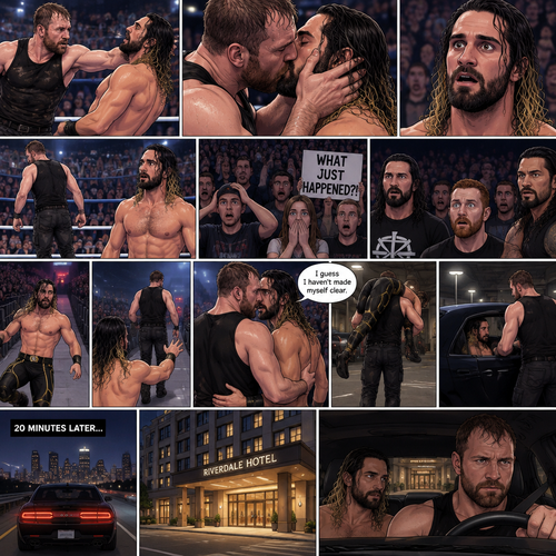 (Recap) Jon Moxley and Seth Rollins were fighting each other in a main event match against each other,Then Jon did something unexpected,He cupped his hands on Seth’s face,pulled him in and kissed him,the fans and some of the other wrestlers were shocked,Jon pulled away,Seth stood there stunned,Jon walked out of the ring and walked up the ramp,Seth eventually snapped out of it,he left the ring and ran to Jon,he wanted to know why Jon kissed him,Jon stopped walking and looked at Seth,He wrapped his arm around Seth’s waist and pulled him close,He whispered In Seth’s ear “I guess I haven’t made myself clear”,He put Seth over his shoulder and walked to the parking lot,He put Seth in the car and got in the driver seat and drove off. (And now part 2). After 20 minutes of driving Jon pulled into the parking lot of a hotel,He parked the car