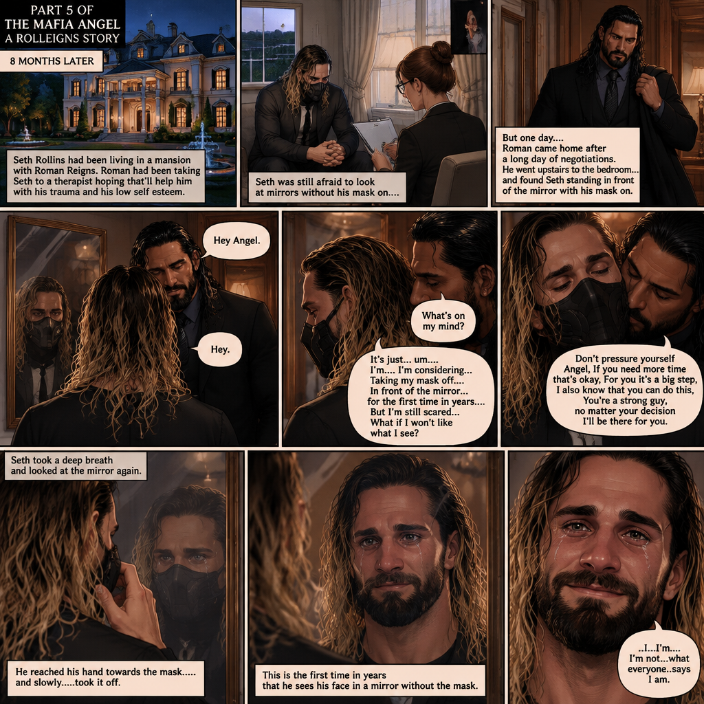 (Part 5 of the mafia angel,A Rolleigns story). 8 months later,Seth Rollins (He’s still wearing a mask) had been living in a mansion with Roman Reigns (Mafia leader). Roman had been Taking Seth to a therapist hoping that’ll help him with his trauma and his low self esteem. Seth was still afraid to look at mirrors without his mask on….But one day….It all changed. Roman came home after a long day of negotiations. He went upstairs to the bedroom…and Found Seth standing in front of the mirror with his mask on. He looked like he was contemplating something. Roman came up behind him. “Hey Angel” Roman said Softly. “Hey” Seth said Softly. “What’s on your mind?” Roman Asked softly. “It’s just…um….I’m….I’m considering…Taking my mask off….In front of the mirror…for the first time in years….But I’m still scared…What if I won’t like what I see?” Seth asked softly. Roman gently kissed Seth’s neck. “Don’t pressure yourself Angel,If you need more time that’s okay,For you it’s a big step,I also know that you can do this,You’re a strong guy,no matter your decision I’ll be there for you” Roman said Softly. Seth took a deep breath and looked at the mirror again. He reached his hand towards the mask…..and slowly…..took it off. This is the first time in years that he sees his face in a mirror without the mask. He had tears in his eyes…and he smiled. “..I…I’m….I’m not…what everyone..says I am” Said Seth