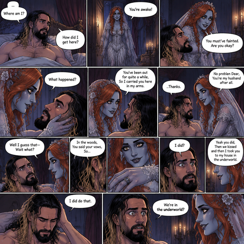 (Part 3 of the corpse bride,Seth x Becky style). Still in the strange bedroom,Seth Rollins was still confused as to how he got there after he woke up. Then the undead woman in a wedding dress (Becky Lynch) walks in. “You’re awake!” Said the undead Bride. She walked towards the bed. “You must’ve fainted,Are you okay?” The undead Bride asked. She gently placed her hand on his cheek. “What happened?” Seth asked. “You’ve been out for quite a while,So I carried you here in my arms” Said the undead bride. Seth slowly sat up. “..Thanks” Said Seth “No problem Dear,You’re my husband after all” Said the undead bride. “Well I guess that-Wait what?” Said Seth. “In the woods,You said your vows,So…” said the Undead bride. Then she showed him the wedding ring on her finger. “I did?” Asked Seth. Then he remembered he did. “I did do that” Said Seth. “Yeah you did,Then we kissed and then I took you to my house in the underworld” said the Undead bride. His eyes widened. “We’re in the underworld?” Seth asked