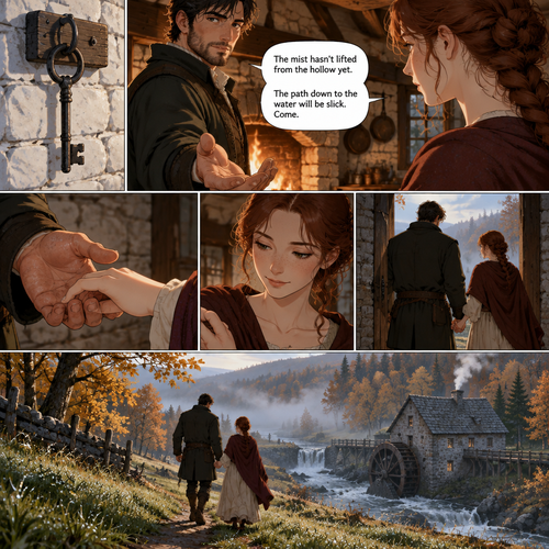The iron key settles against the whitewashed stone with a dull, familiar clink, hanging precisely where it always has. Cormac turns, the soft light of the kitchen catching the edge of his jaw as he extends his hand toward Patrixia.
"The mist hasn't lifted from the hollow yet," he says, his voice a quiet counterpoint to the crackle of the dying hearth. "The path down to the water will be slick. Come."
Patrixia looks at his open palm, noting the calluses earned from seasons of turning the heavy timber wheels, before sliding her fingers into his. His grip is steady and warm against the autumn chill creeping under the doorframe.
Together, they step out of the warmth of the kitchen and into the sharp, damp morning air. The grass is heavy with dew, silvering the trail that winds down toward the river. Below them, the steady, rhythmic thrum of the mill acts as a pulse for the valley, waiting for the entries they are about to make in the heavy leather-bound book.