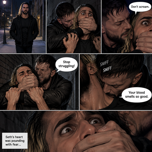 Seth Rollins was walking down a sidewalk alone at night,Then…Someone (Finn Bálor) grabbed him from behind and pulled him into an alleyway. Seth tried to yell for help but the person Covered his mouth with his hand. The person whispered in Seth’s ear “Don’t scream”. Seth struggled but the person was somehow stronger than him. “Stop struggling!” The person said with an irritated tone. Seth was breathing heavily. The person sniffed Seth’s neck. “Your blood smells so good” Said the person. Seth’s heart was pounding with fear