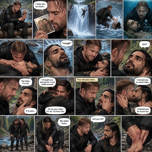 (Recap) Still in the zombie apocalypse. (This was Jon Moxley’s POV). Jon sat on a log near the river alone looking sad,He was looking at a romantic photo of him and Seth Rollins before the apocalypse began,He thought Seth died the day of the apocalypse started 4 years ago,He gently kissed the photo and said he misses Seth So much,He saw someone fall down the waterfall,he jumped in the water,As he swam he got a better look at the person,It turned out to be Seth,He swam faster and got him,He was to shore and Gently placed Seth’s down,He did CPR and mouth to mouth on Seth,When all hope seemed lost Seth coughed out water,Jon gently held Seth with tears of joy streaming down his face,Seth slowly opened his eyes,”Jon?” Seth asked weakly. (And now part 4). Jon gently placed his hand on Seth’s cheek. “Yes baby,It’s me” Jon said Softly. Seth gently placed his hand on Jon’s cheek to see if he’s real,Tears streamed down his face. “It is you” Seth said through his tears. Jon gently pulled Seth into a hug,Seth cried on Jon’s shoulder. Jon gently stroked the back of Seth’s head while Seth continued to cry on Jon’s shoulder. “I thought you were gone!,I was really scared!” Seth said through his tears. “Oh my poor baby,It’s ok,I’m here now” Jon said softly. Jon Gently rubbed Seth’s back to try to soothe him. After 2 minutes,Seth slowly stopped crying. They looked at each other,Jon gently wiped away the tears on Seth’s face,Then they kissed each other. “I missed you so much baby” Jon said softly. “I missed you So much too” Seth said softly. They stood up….then pain shut up Seth’s sprained ankle. “Are you ok?” Jon asked. “My ankle hurts” Said Seth