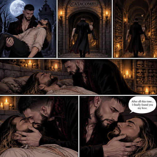 (Vampire Finn Bálor x Reincarnated Seth Rollins part 2) The Person was still walking in the night with the unconscious Seth in his arms. He walked to the catacombs,He entered the catacombs. He puts Seth on a makeshift bed,Then he looks at Seth. He still couldn’t believe that his long lost love had came back to him…Reincarnated. This time…He was determined to protect him. He gently kissed Him,then he gently placed his hand on his cheek. “After all this time…I finally found you my love” The person said softly