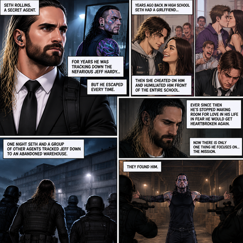 Seth Rollins is a secret agent,For years he was tracking down the nefarious Jeff Hardy…But he escaped every time. Years ago back in high school Seth had a girlfriend…then she cheated on him and humiliated him front of the entire school,Ever since then he’s stopped making room for love in his life In fear he would get heartbroken again. One night Seth and a group of other agents tracked Jeff down to an abandoned warehouse,they found him
