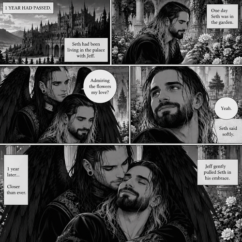 (Part 4 of the dark angel X human story). 1 year had passed,Jeff Hardy (The dark angel king) and Seth Rollins are more closer than ever. Seth had been living in the palace with Jeff. One day Seth was in the garden. Jeff walked behind him. “Admiring the flowers my love?” Jeff asked. Seth smiled softly. “Yeah” Seth said softly. Jeff gently pulled Seth in his embrace
