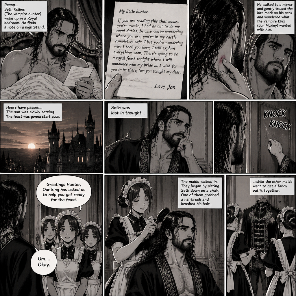 (Recap) Seth Rollins (The vampire hunter) woke up in a Royal bedroom,He finds a note on a nightstand that says “My little hunter,If you are reading this that means you’re awake,I had go out to do my royal duties,In case you’re wondering where you are,you’re in my castle completely safe,I bet you’re wondering why I took you here,I will explain everything soon,There’s going to be a royal feast tonight where I will announce who my bride is,I wish for you to be there,See you tonight my dear, Love Jon”,Then he walked to a mirror and gently traced the bite mark on his neck and wondered what the vampire king (Jon Moxley) wanted with him. (And now part 3). Hours have passed,the sun was slowly setting,The feast was gonna start soon. Seth was lost in thought,Then there was a knock on the door. He got up and opened it,The palace maids were there. “Greetings Hunter,Our king has asked us to help you get ready for the feast” said one of the maids. “Um….Okay” Said Seth. The maids walked in,They began by sitting Seth down on a chair,One of them grabbed a hairbrush and brushed his hair while the other maids went to get a fancy outfit together