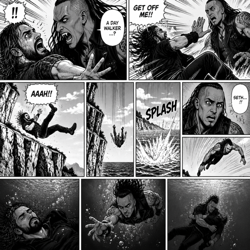 Part 6.Seth Rollins got scared after discovering that the mysterious man (WWE superstar Damien Priest) is a day walker vampire. Seth shoved the man off him…which caused Seth to Stumble and fall off the cliff backwards,Then he hit the water and lost consciousness after. The man was horrified and dived into the water to save Seth