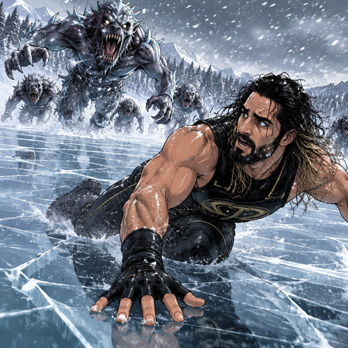It’s a blizzard…During a monster apocalypse. Seth Rollins was on the run from a group of monsters. He ended up on ice over a frozen lake