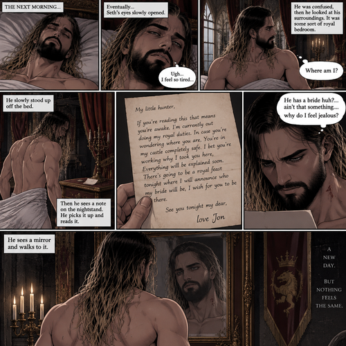 (Recap) Seth Rollins (The vampire hunter) was lured into the ruins by a whisper,Then Jon Moxley (The vampire king) grabbed him from behind,He sniffed Seth’s neck and then pierced it with his fangs,After 4 minutes the fangs were out of Seth’s neck,Seth was weak,Then Jon lifted Seth in his arms and began walking. (And now part 2). The next morning,Seth was still unconscious. Eventually…Seth’s eyes slowly opened,He was feeling tired,He was confused,then he looked at his surroundings,it was some sort of royal bedroom. “Where am I?” Seth asked himself. He slowly stood up off the bed,Then he sees a note on the nightstand,He picks it up and reads it. It says “My little hunter,If you’re reading this that means you’re awake. I’m currently out doing my royal duties. In case you’re wondering where you are,You’re in my castle completely safe. I bet you’re working why I took you here,Everything will be explained soon. There’s going to be a royal feast tonight where I will announce who my bride will be,I wish for you to be there. See you tonight my dear, love Jon”. “He has a bride huh?… ain’t that something….why do I feel jealous?” Seth said to himself. He sees a mirror and walks to it
