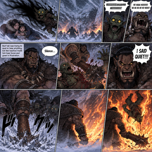 Intercepted by a swift darkness, the goblin simply vanished as the child and the mother rolled to their side and the snow covering the ground came to life as it became a storming blizzard. The flames dimmed and the Legion hollered in fear. The goblins screeched and hissed while the orcs hooted and wooed. Burr'tak was trying to spot or hear anything, but the reaction made him lose focus and grew in frustration.

BURR’TAK: Silence…

ORCS: HO HAAA HOOOOO HA HA HA HO HO HOOO!

GOBLINS: REEEEEEEEAAAAAHHH HEEEEEEE!

He lashed out, crushing a nearby orc under his club.

BURR’TAK: I SAID QUIET!!!

Then he hit the ground with thunderous authority. The orcs and goblins in fear quiet down, but by instinct still made sounds. Burr’tak then turned back towards the direction of the mother and little girl, the flames began to rise from the wind of the blizzard, heating them like a fire pit. Burning massive flames. The body of the goblin is then tossed through the fire, landing directly in front of Burr’tak.
