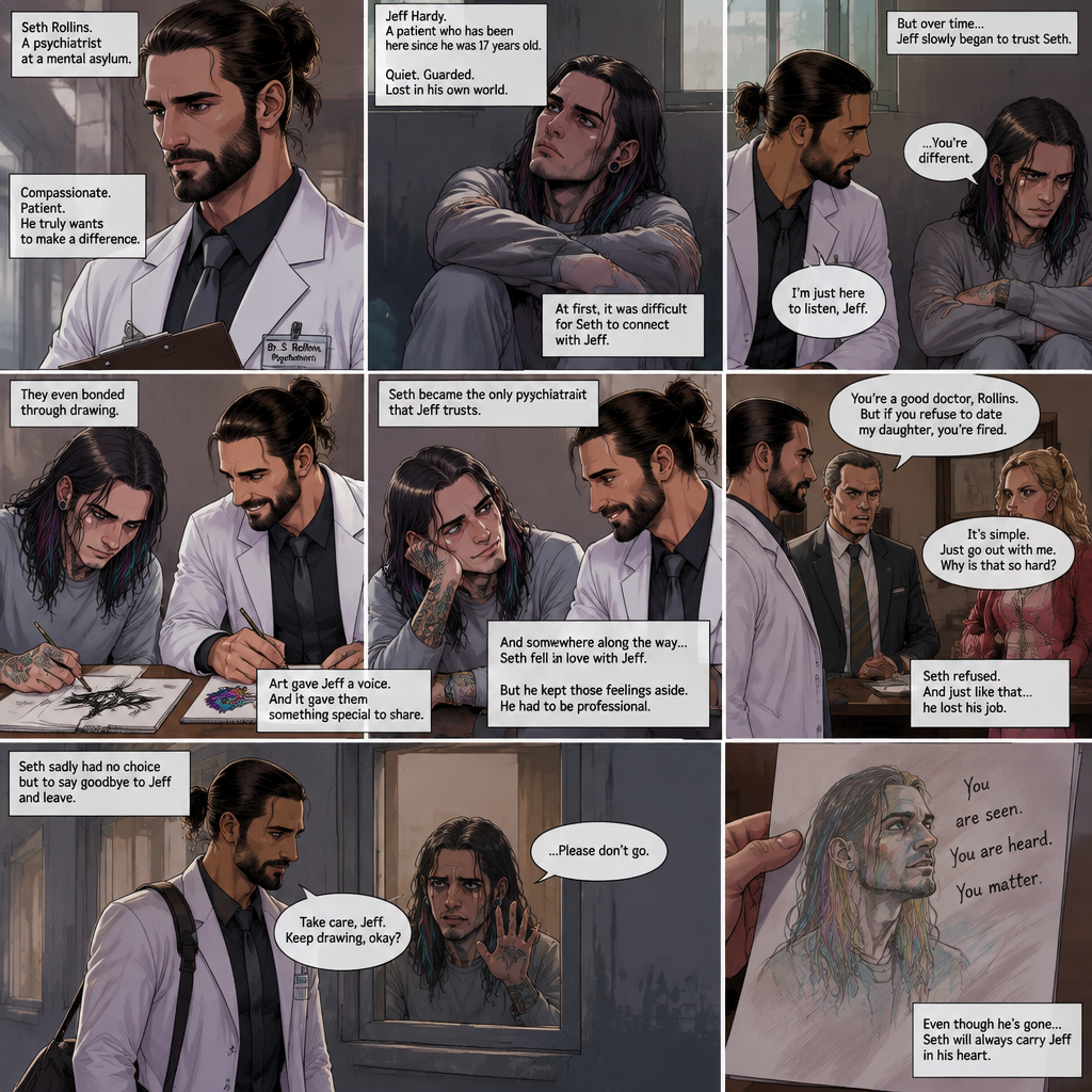 Seth Rollins is a psychiatrist working at a mental asylum. He was assigned to look after a patient who has been here since he was 17 years old,His name is Jeff Hardy. At first it was difficult for Seth to try to connect with Jeff,But Overtime Jeff began to trust Seth. They even bonded through drawing. Seth became the only psychiatrist that Jeff trusts. Seth even….secretly fell in love with Jeff overtime…But he kept those feelings aside just to be professional. Then one day Seth got fired Just because he refused to date the headmaster’s daughter. Seth sadly had no choice but to say goodbye to Jeff and leave