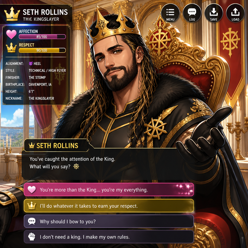 WWE superstar Seth Rollins as a king in a dating sim game