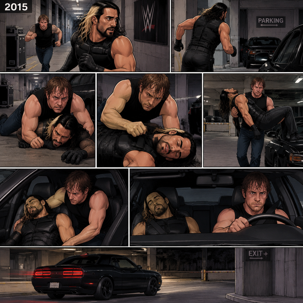 It’s the year 2015,Seth Rollins was being chased backstage by Dean Ambrose. Seth was running to his car,but before he could get there Dean tackled him. Seth struggled. Dean knocked him out. He lifted Seth in his arms and walked to his car. He put Seth in the passenger seat. He gets in his car and drove away