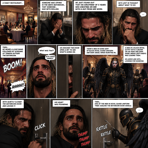 There’s a fancy restaurant,someone was crying in the men’s bathroom,That someone…was Seth Rollins. He just found out that his girlfriend of 5 years was cheating on him with a guy from her work. He’s Lost in thought about what to do. He was snapped out of his thoughts…when…he heard a loud bang followed by screams of terror outside the bathroom. “What was that?” Seth asked himself. He cracked the door open a bit to see what’s going on. There’s men in some sort of black royal guard uniform and dark angel wings bursting in…wait…Dark angel wings?!. A man in a black royal outfit with a crown on his head and dark angel wings (Jeff Hardy) was leading them,He looks like he’s…looking for someone. Seth quietly closed the bathroom door and locked it,his heart was pounding. Then…One of the men in royal guard uniform tried jiggling the bathroom door handle