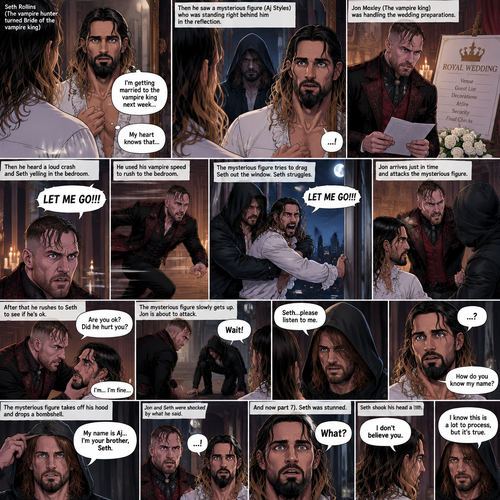 (Recap) Seth Rollins (The vampire hunter turned Bride of the vampire king) was looking at himself in the mirror reeling in the fact that he’s getting married to the vampire king next week,his heart knows that,Then he saw a mysterious figure (Aj Styles) who was standing right behind him in the reflection,Jon Moxley (The vampire king) was handling the wedding preparations,then he heard a loud crash and Seth yelling “LET ME GO!!!” In the bedroom,he used his vampire speed to rush to the bedroom,The mysterious figure tries to drag Seth out the window,Seth struggles,Jon arrives just in time and attacks the mysterious figure,after that he rushes to Seth to see if he’s ok,the mysterious figure slowly gets up,Jon is about to attack,Then the mysterious figure spoke “Wait!”,”Seth…please listen to me,Seth was confused by how the man knew his name,The mysterious figure takes off his hood and drops a bombshell “My name is Aj…I’m your brother Seth,Jon and Seth were shocked by what he said. (And now part 7). Seth was stunned. “What?” Seth asked. “I’m your brother” said Aj. Seth shook his head a little. “I don’t believe you” Said Seth. “I know this is a lot to process,but it’s true” said Aj