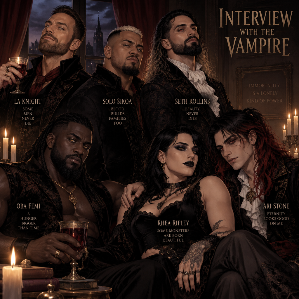 LA Knight,Solo Sikoa,Seth Rollins,Oba Femi,Rhea Ripley and Ari Stone (My wrestler oc) in Interview with a vampire (Tv show)