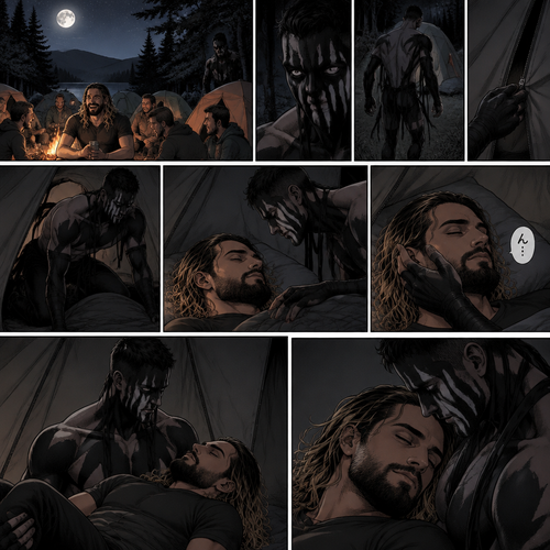 Seth Rollins was at a camp site with a group of friends,Little did he know….a mysterious creature (Finn Bálor) was watching him. At midnight,Seth and the group were asleep in their tents. The mysterious creature slowly walked towards Seth’s tent,He quietly unzipped the tent. He quietly entered the tent,Then he looked at Seth who’s still sleeping. He gently caressed Seth’s cheek. Seth hummed Softly in his sleep. The mysterious creature gently lifted the sleeping Seth in his arms
