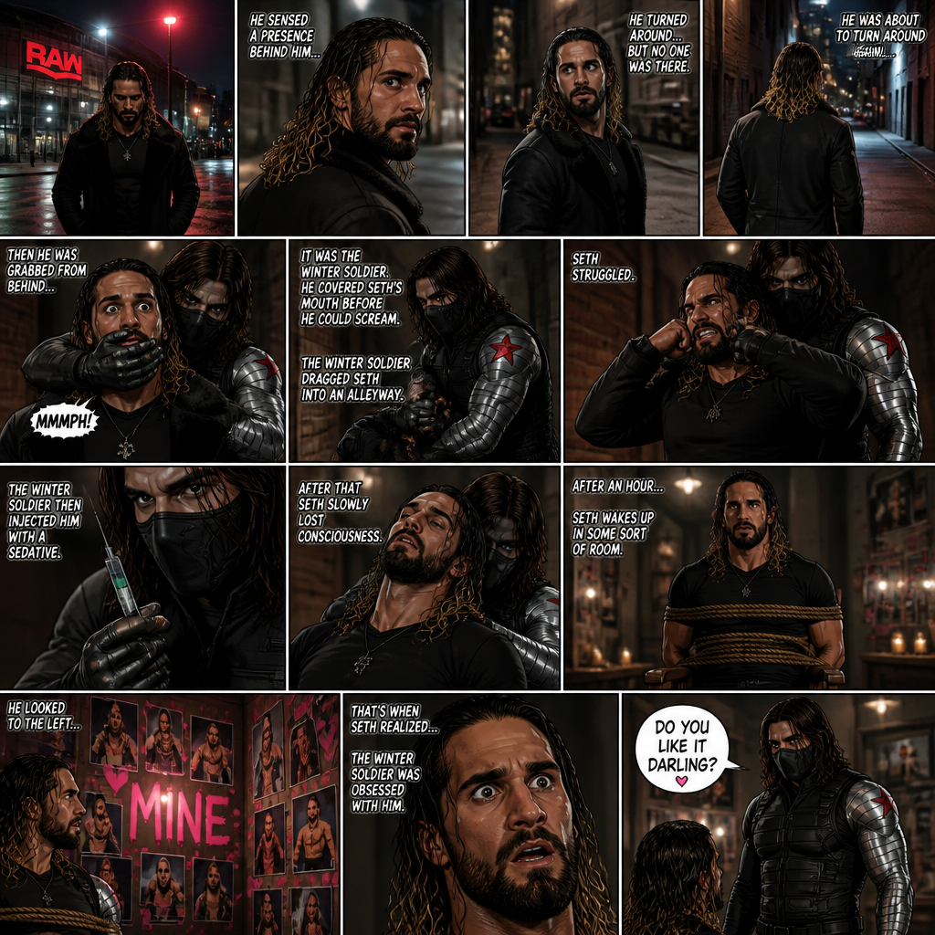 Seth Rollins walking home from the arena alone.Then…he sensed a presence behind him…He turned around…but no one was there.He was about to turn around again…Then he was grabbed from behind…It was the winter soldier.He covered Seth’s mouth with his hand before he could scream.The winter soldier Dragged Seth into an alleyway.Seth struggled.The winter soldier then injected him with a sedative,After that Seth slowly lost consciousness.After an hour Seth wakes up in some sort for room,He was tied to a chair.He looked to the left….There were tons of photos of him and there were hearts around them and in the middle…was the word “mine”.That’s when Seth realized…The winter soldier was obsessed with him. “Do you like it darling?” Said a voice.Seth looked I. Front of him,The winter soldier was standing right there.Seth had a surprised look on his face