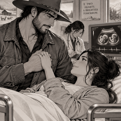 Month's confirmed, then. That puts the twins' arrival one week into the lambing shift — meaning I'll be pulling double watches, and you'll be the only woman who's ever told me to go check the flock before checking on her.
*He reaches over and wraps his hand around hers on the cart frame, thumb pressing into her ring one slow beat. The doctor's pen scratches on the chart, and the monitor hums its steady double rhythm in the quiet between them.*
Here's what I'm setting for that week. The near shed gets the lamp banked low, fresh straw laid out, and the kettle going — same as I promised for the first ewe. But now there'll be two lambs. And a woman in the chair who hauled a deed up this ridge and took the whole winter with it.
*He lifts her hand and presses it flat over his own heartbeat, holding it there a moment before he lets it rest back over the twins.*
So the countdown starts tonight. Two hearts under this roof, one moon left of quiet, and then we're in it — together. Te amo, Wife Commander. That's the truest number this whole valley's ever seen.