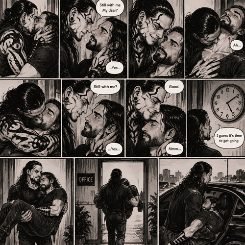 (Part 4 of the Vampire x human story). Still in Jeff Hardy’s office. Jeff was still Kissing Seth Rollins against the wall. After about a minute,Jeff pulled away. Jeff whispered in Seth’s ear “Still with me My dear?” Jeff asked softly. “…Yes…” Seth said softly. Jeff grinned. He leaned forward to Seth’s neck. Seth’s heart was racing. Jeff placed his hand on Seth’s chest to feel his heartbeat again. Seth gasped softly. Jeff gently pierced his fangs into Seth’s neck. Seth yelped softly. Jeff wrapped his arms around Seth. After awhile Jeff removed his fangs from Seth’s neck. Seth was breathing softly. Jeff gently placed his hand on Seth’s cheek. “Still with me?” Jeff asked softly. Seth looked up at Jeff while trying to keep his eyes open. “…Yes…” Seth said softly. Jeff smiled. “Good” Jeff said softly. Jeff gently kissed Seth’s forehead. Seth hummed softly. Jeff looked at the clock on the wall,it was 5:08 pm. “I guess it’s time to get going” Jeff said to himself. Jeff lifted Seth up in his arms,Then he walked out of the  building and walked to his car