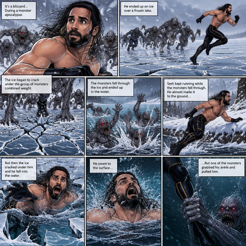 It’s a blizzard…During a monster apocalypse. Seth Rollins was on the run from a group of monsters. He ended up on ice over a frozen lake. The ice began to crack under the group of monsters combined weight. Seth kept running while the monsters fell through the ice and ended up in the water. He almost made it to the ground….But then the ice cracked under him and he fell into the water. He swam to the surface…but one of the monsters grabbed his ankle and pulled him