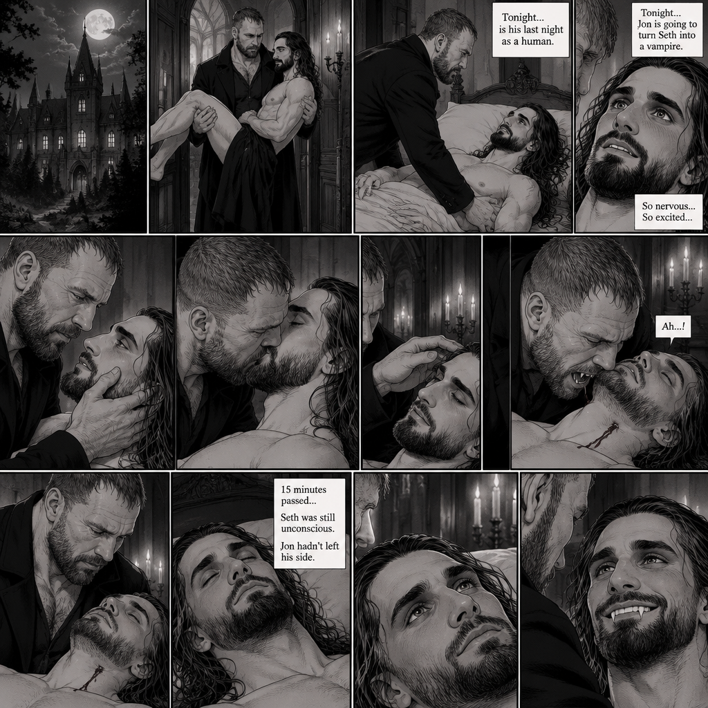 There’s a Dark Vampiric mansion in the woods,Inside there’s a dark Vampiric chamber.The door opens,A vampire (Jon Moxley) walks in carrying his human lover (Seth Rollins).Jon Gently puts Seth on the bed.Seth looked up at him.Seth was very nervous and excited,Because tonight…is his last night as a human,Tonight…Jon was going to turn Seth into a vampire.Jon caresses Seth’s cheek lovingly,then he gently kisses him.After he pulls away Jon brushed Seth’s hair off his face.He leaned towards Seth’s neck,His fangs come out,Then…his fangs pierce Seth’s neck.Seth gasped softly.After he was finished Jon pulled away from Seth’s neck.Seth opened his eyes and looked up at Jon.After the exchange and the painful process was done Seth slipped into unconsciousness.15 minutes passed,Seth was still unconscious,Jon hadn’t left his side.Then…Seth’s eyes opened slowly.He looked at Jon.Seth Smiled at Jon his fangs showing