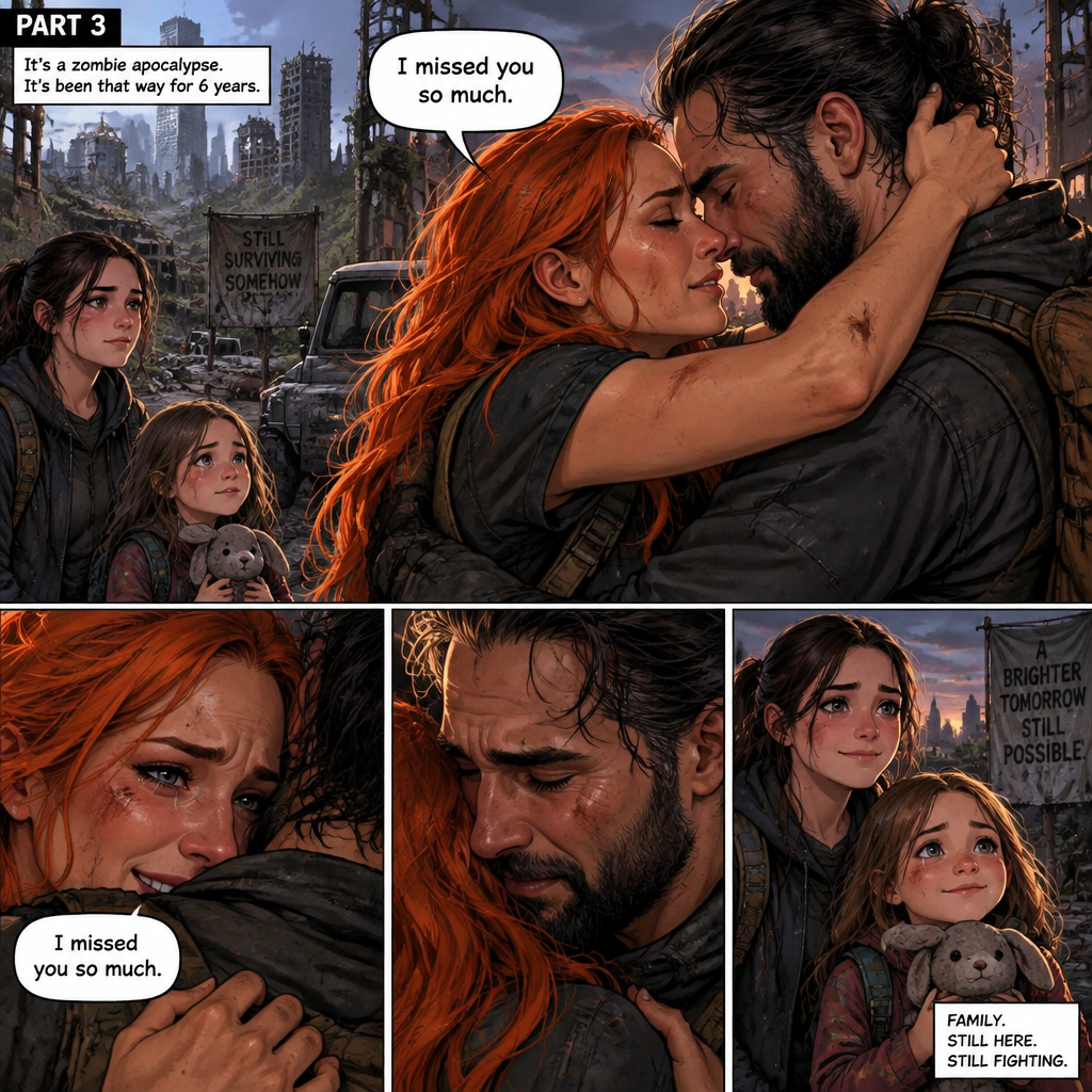 (Part 3)It’s a zombie apocalypse,It’s been that way for 6 years,Becky lynch And Seth Rollins are having an emotional reunion with Raven (A teenage girl) and Sophia (A little girl) watching. “I missed you so much” Said Becky