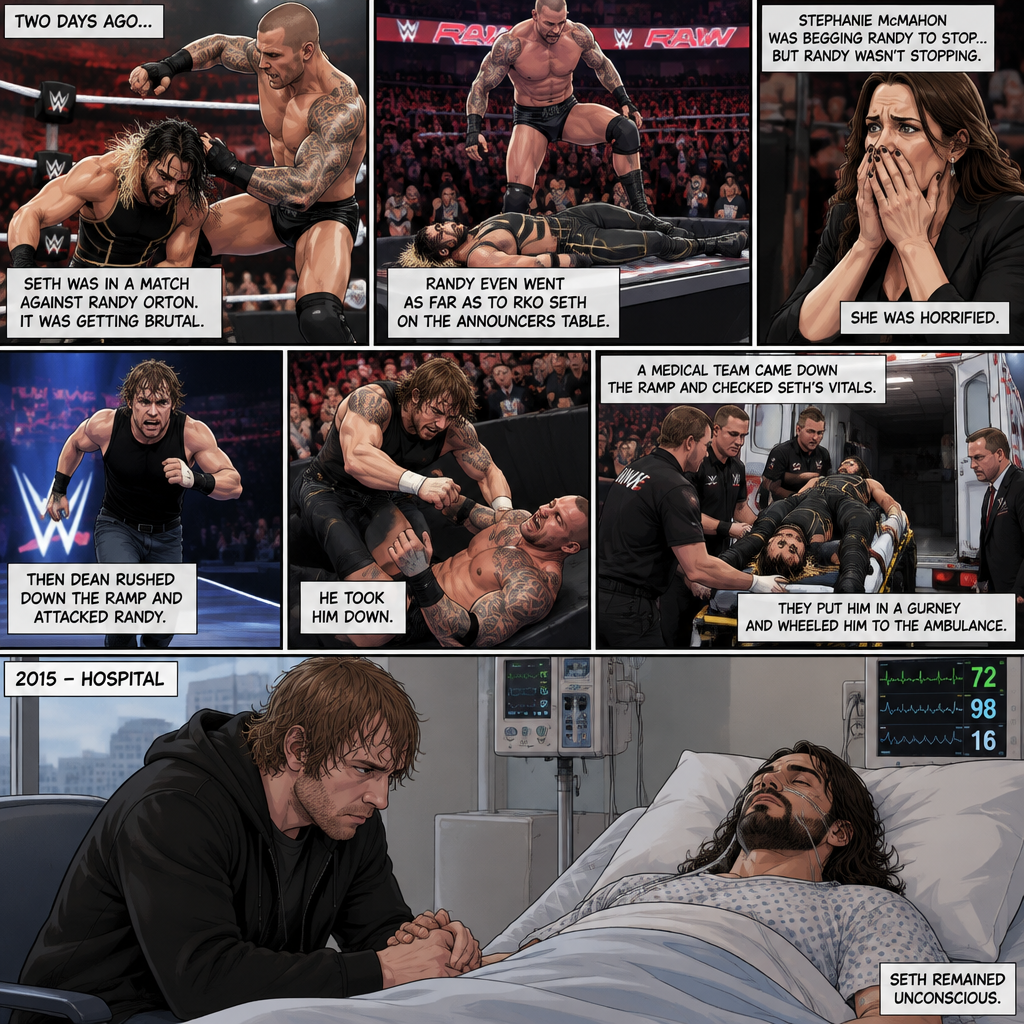 It’s the year 2015,We’re in a hospital. Seth Rollins was lying in a hospital bed unconscious. Dean Ambrose was sitting by his side and holding his hand. (What happened to Seth you ask? Well…let’s rewind to two days ago). Seth was in a match against Randy Orton. It was getting brutal. Randy was beating the heck out of Seth. Stephanie McMahon was begging Randy to stop…but Randy wasn’t stopping. He even went as far as to Rko Seth on the announcers table. Stephanie was horrified. Seth was out cold. Then Dean rushed down the ramp and attacked Randy. He took him down. A medical team came down the ramp and checked Seth’s vitals. They put him in a gurney and wheeled him to the ambulance