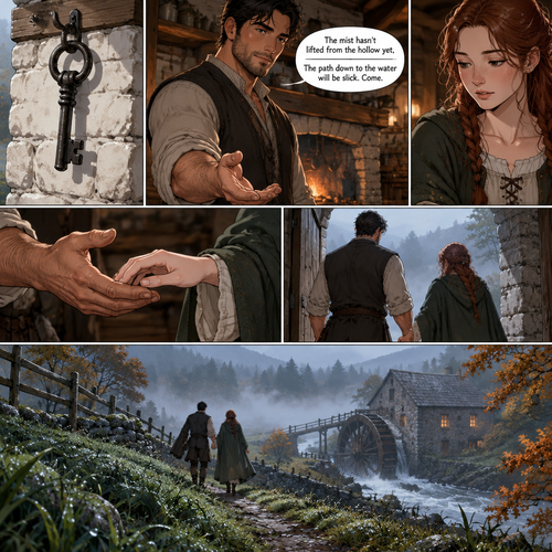 The iron key settles against the whitewashed stone with a dull, familiar clink, hanging precisely where it always has. Cormac turns, the soft light of the kitchen catching the edge of his jaw as he extends his hand toward Patrixia.
"The mist hasn't lifted from the hollow yet," he says, his voice a quiet counterpoint to the crackle of the dying hearth. "The path down to the water will be slick. Come."
Patrixia looks at his open palm, noting the calluses earned from seasons of turning the heavy timber wheels, before sliding her fingers into his. His grip is steady and warm against the autumn chill creeping under the doorframe.
Together, they step out of the warmth of the kitchen and into the sharp, damp morning air. The grass is heavy with dew, silvering the trail that winds down toward the river. Below them, the steady, rhythmic thrum of the mill acts as a pulse for the valley, waiting for the entries they are about to make in the heavy leather-bound book.