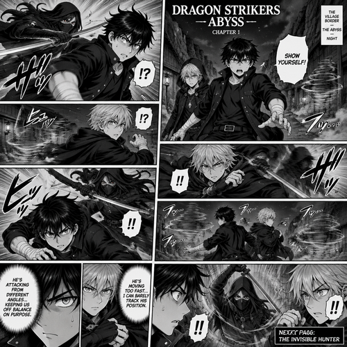DRAGON STRIKERS — ABYSS — CHAPTER 1
NEXT PAGE: THE INVISIBLE HUNTER

Create a dramatic black-and-white Japanese manga page with dynamic panel layouts, sharp ink lines, detailed shadows, cinematic perspective, and intense action. Keep character designs perfectly consistent across every panel. Read right to left.

SORA AMAMIYA: 17-year-old Japanese boy, slim athletic build, messy layered jet-black hair with sharp spikes and uneven bangs, sharp light-grey eyes, black high-collar jacket with silver buttons over a dark shirt, black trousers, black belt with rectangular silver buckle, black combat boots, white bandages around both wrists and partially over both hands, dark travel bag. No scars, no clan symbols.

REI MIKAZUKI: Japanese boy with soft layered silver hair, cool blue-grey eyes, black hooded cloak with subtle blue accents over dark layered clothing, black trousers and boots, blue crystal pendant on a silver chain.

THE ASSASSIN: Tall, lean figure with long straight charcoal-black hair, narrow crimson eyes, black mask covering the lower half of the face, fitted black combat outfit, black gloves, dark trousers, black boots, long black hooded cloak, dark-metal sword at the waist. Has the ability to turn invisible.

SETTING: An almost deserted village border in the Abyss at night. Rocky ground, towering cliffs, wooden buildings, dim lanterns, deep shadows, and drifting mist. No crowds.

PANEL 1: Sora stands in front of Rei, scanning the darkness after shouting, “SHOW YOURSELF!” A faint distortion ripples through the air behind them.

PANEL 2: The assassin suddenly becomes visible for a split second on Sora’s left and launches a fast sword strike. Sora twists away just in time, startled by how quickly the attacker appeared.

PANEL 3: Before Sora can counterattack, the assassin vanishes. A sharp gust of air passes behind Rei. Rei turns abruptly, raising his arm to defend himself.

PANEL 4: Rei narrowly evades another surprise strike from the opposite direction. The assassin’s dark silhouette flickers at the edge of the panel before disappearing again. Rei’s expression changes from shock to intense concentration.

PANEL 5: Sora rushes to help Rei, but the assassin reappears behind Sora. Sora senses the movement at the last instant and ducks. The dark-metal blade cuts through empty air above him.

PANEL 6: Sora and Rei stand back-to-back, trying to watch every direction. The assassin is nowhere to be seen. Show several faint distortions in the air around them, suggesting the attacker is moving too quickly for them to track.

PANEL 7: Close-up of Sora’s narrowed eyes as he realizes their opponent is deliberately attacking from different angles to keep them off balance. Rei grips his cloak and watches the surrounding shadows.

PANEL 8 — CLIFFHANGER: A barely visible distortion forms directly between Sora and Rei. Both begin turning toward it, but the assassin is already emerging with their sword raised. Sora’s eyes widen as he realizes they may not react in time.

ART DIRECTION: Pure black-and-white manga, strong contrast, speed lines, varied panel sizes, dramatic close-ups, realistic movement, atmospheric shadows, clear character anatomy, consistent clothing and faces. Make the assassin’s invisibility readable through subtle air distortions and brief silhouette glimpses. Intense action without graphic injuries. No extra characters, no colour, no unrelated scenes.