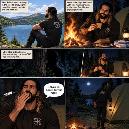 Seth Rollins was camping in the woods,he was enjoying the view of the lake and enjoying the fresh air,Hours later nighttime came,He was making s’mores at the campfire.He was enjoying himself…but…little did he know…that something…or someONE was watching him.Seth eventually got tired and yawned. “I think I’ll turn in for the night” said Seth
