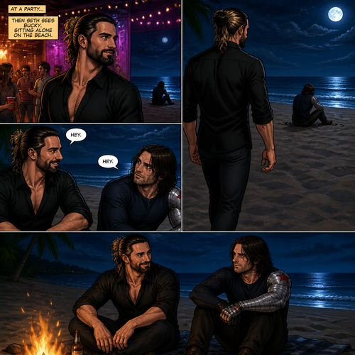Seth Rollins is at a party,Then he sees Bucky sitting alone on the beach.He walks over to him. “Hey” said Seth. Bucky looked at him. “Hey” Said Bucky.Seth sits beside him