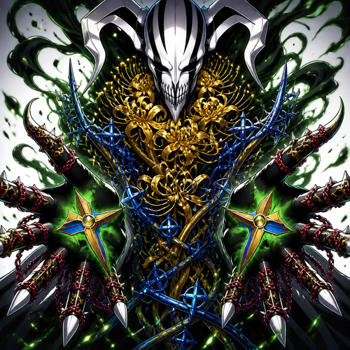 Sholder is hollow mask leading down is gold spider lilies intertwined with blue Quincy cross vines then leading to the forarm black and green hollow smoke hands back of palms have spider front of palms have one big green gold and blue cross fingers look like they are armored with red chains and white spikes 