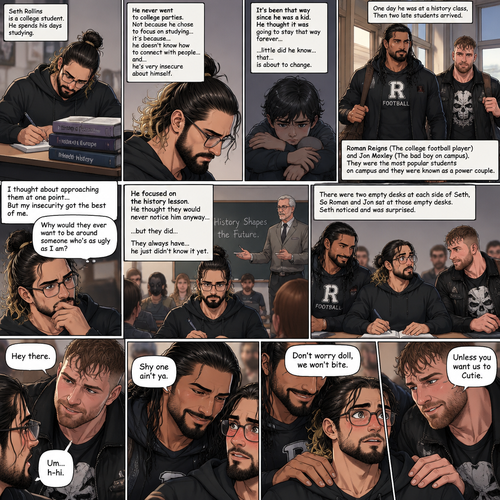 Seth Rollins is a college student. He spends his Seth Rollins is a college student. He spends his days studying,He never went to college parties. Not because he chose to focus on studying….it’s because…he doesn’t know how to connect with people…and…he’s very insecure about himself. It’s been that way since he was a kid. He thought it was going to stay that way forever….little did he know….that…is about to change. One day he was at a history class,Then two late students arrived. Roman Reigns (The college football player) and Jon Moxley (The bad boy on campus). They were the most popular students on campus and they were known as a power couple. Seth thought about approaching them at one point….But his insecurity got the best of him. “Why would they ever want to be around someone who’s as ugly as I am?” Seth thought to himself. He focused on the history lesson. He thought they would never notice him anyway….but they did…They always have…he just didn’t know it yet. There were two empty desks at each side of Seth,So Roman and Jon sat at those empty desks. Seth noticed and was surprised. “Hey there” Jon said. Seth was nervous. “Um…h-hi” Seth said nervously. “Shy one ain’t ya” Said Roman. Seth was indeed shy. Roman Gently placed his hand on Seth’s shoulder. “Don’t worry doll,we won’t bite” Said Roman. Jon gently placed his hand on Seth’s other shoulder. “Unless you want us to Cutie” Said Jon. Seth blushed. (End of part 1)