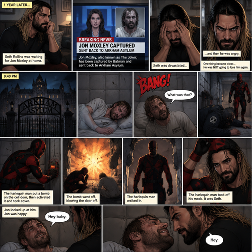 (Part 4 of the Joker x Harlequin story). 1 year later,Seth Rollins was waiting for Jon Moxley (The Joker) at home. Then a news report came on saying that Jon was captured by Batman and was sent back to the asylum. Seth was devastated…and then he was angry. One thing became clear…He was NOT going to lose him again. 9:40 pm,Jon was asleep in his padded room in the asylum…then he heard a loud Bang. He jolted awake. “What was that?” Jon asked himself,Then he saw one of the guards get taken out. There was a man in a red and black Harlequin costume,He was wearing a mask. Jon was confused. The Harlequin man put a bomb on the cell door,then activated it and took cover. Jon took cover as well. The bomb went off,blowing the door off. The harlequin man walked in. Jon looked up at him. The harlequin man took off his mask,It was Seth. Jon was happy. “Hey baby” Said Jon. “Hey” Said hey