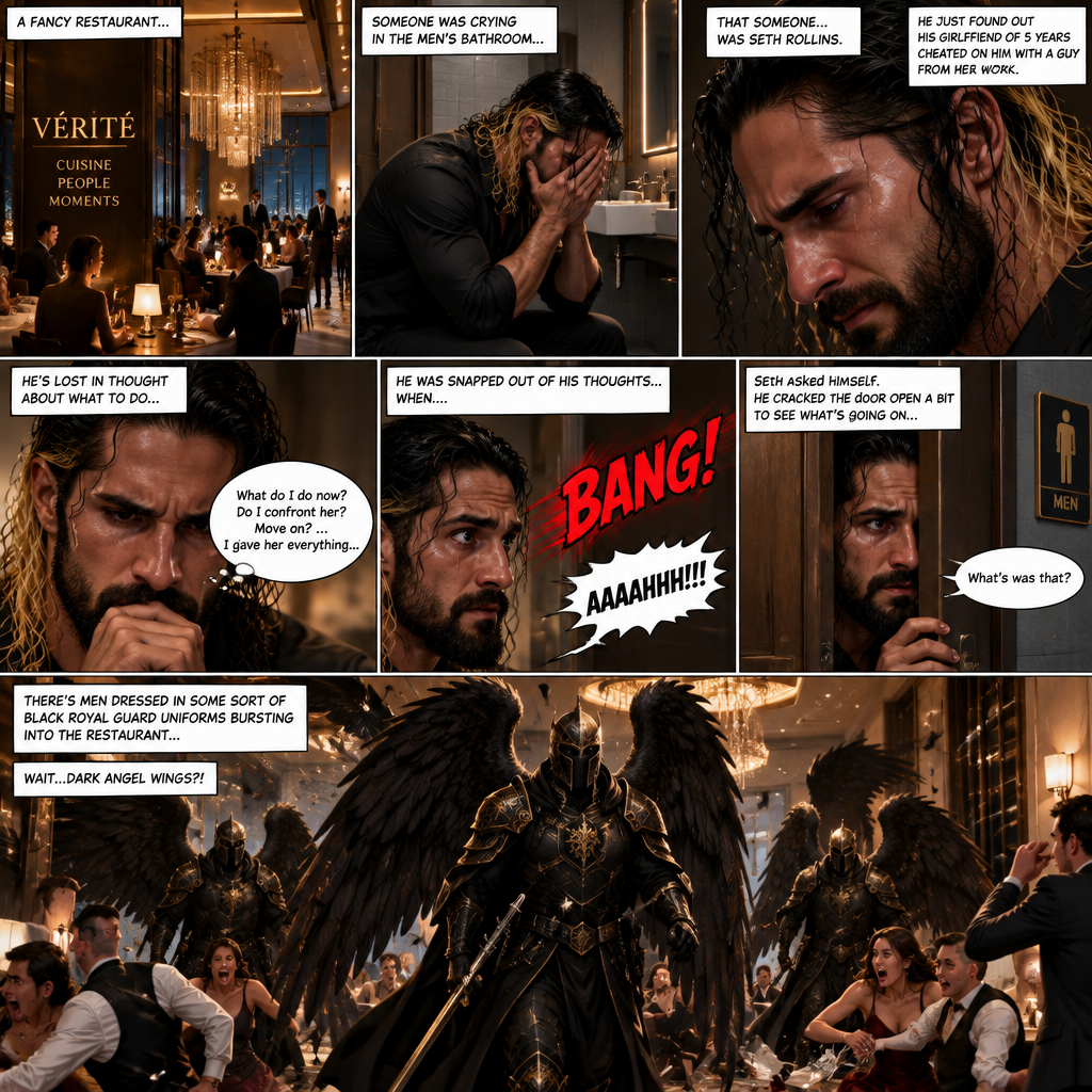 There’s a fancy restaurant,Someone was crying in the men’s bathroom,That someone…was Seth Rollins. He just found out his girlfriend of 5 years cheated on him with a guy from her work. He’s lost in thought about what to do,He was snapped out of his thoughts…when….he heard a loud bang followed by screams of terror outside the bathroom. “What’s was that?” Seth asked himself. He cracked the door open a bit to see what’s going on,There’s men dressed in some sort of black royal guard uniforms With dark angel wings bursting into the restaurant…wait…Dark angel wings?!