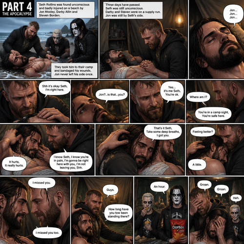 Part 4 of the apocalypse story.Seth Rollins was found unconscious and badly injured on a beach by Jon Moxley,Darby Allin and Steven Borden (Sting’s son).They took him to their camp and bandaged his wounds,Jon never left his side once.Three days have passed,Seth was still unconscious,Darby and Steven were on a supply run,Jon was still by Seth’s side,He gently held his hand.Then Seth spoke Jon’s name subconsciously “Jon…Jon…Jon”.  Jon gently stroked Seth’s head. “Shh it’s okay Seth,I’m right here” Jon whispered.Seth breathed softly,Then…his eyes started to slowly open,The first thing he sees is Jon looking down at him. “Jon?..is that…you?” Seth asked weakly. “Yes…it’s me Seth,You’re ok” Jon said softly. “Where am I?” Seth asked in a weakened tone. “You’re in a camp sight,You’re safe here” Jon said softly.Seth tried to sit up but he was sore.Seeing he was trying to sit up but couldn’t because of the pain Jon helped him.Tears welled up in Seth’s eyes because he was in pain.He was emotional.It broke Jon’s heart to see Seth emotional and in pain,He gently pulled Seth into his embrace. “It hurts,It really hurts” Seth Said through tears.Jon Gently rubbed Seth’s back. “I know Seth,I know you’re In pain,I’m gonna be right here with you,I’m not leaving you,Shh” Jon said softly.Seth took some deep breaths. “That’s it Seth,Take some deep breaths,I got you” Jon said softly. Seth eventually Stopped crying.Jon was still gently rubbing Seth’s back. “Feeling better?” Jon asked softly. “A little” Seth said softly.Jon smiled softly.Seth relaxed in Jon’s embrace despite the pain. “I missed you” Seth said softly. “I missed you too” Jon said softly.They both smiled at each other.Then….They heard a crunching noise,They looked at the source…It was Darby and Steven eating a bag of chips. “Guys” Jon said in an irritated tone. “How long have you tow been standing there?” Seth asked. “An hour” Steven said honestly. Jon and Seth Groan In irrigation. Darby just chuckled quietly.The end