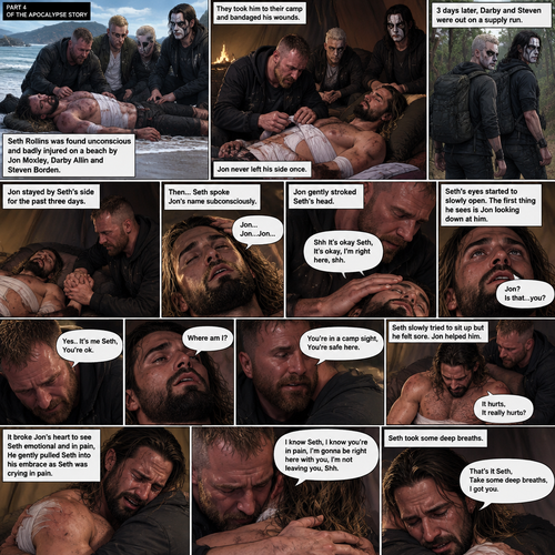 Part 4 of the apocalypse story.Seth Rollins was found unconscious and badly injured on a beach by Jon Moxley,Darby Allin and Steven Borden (Sting’s son).They took him to their camp and bandaged his wounds.Jon never left his side once.3 days later,Seth was still unconscious,Darby and Steven were out on a supply run,Jon stayed by Seth’s side for the past three days.Jon gently held Seth’s hand,Then…Seth Spoke Jon’s name subconsciously “Jon…Jon…Jon”.Jon gently stroked Seth’s head. “Shh It’s okay Seth,It’s okay,I’m right here,shh” Jon whispered.Seth breathed softly,Then….His eyes started to slowly open,The first thing he sees is Jon looking down at him. Seth spoke weakly “Jon?,Is that…you?”. “Yes..It’s me Seth,You’re ok” Jon said softly. “Where am I?” Seth Asked in a weak voice. “You’re in a camp sight,You’re safe here” Jon said Softly.Seth slowly tried to sit up but he felt sore.Seeing Seth was trying to sit up but couldn’t because of the pain Jon helped him.Tears welled up in Seth’s eyes because he was in pain,He got emotional.It broke Jon’s heart to see Seth emotional and in pain,He gently pulled Seth into his embrace as Seth was crying in pain. “It hurts,It really hurts” Seth said through his tears.Jon gently rubbed Seth’s back to soothe him. “I know Seth,I know you’re in pain,I’m gonna be right here with you,I’m not leaving you,Shh” Jon said To Seth Softly.Seth took some deep breaths. “That’s it Seth,Take some deep breaths,I got you” Jon said softly