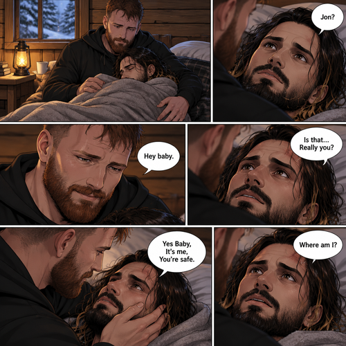 (The monster apocalypse/Moxollins story part 3). The next morning,Seth Rollins was Still unconscious on the bed in the cabin with the blanket wrapped around him to keep him warm. Jon Moxley had been watching over him Still holding him in his arms. Then Seth slowly regained consciousness,The first thing he sees is Jon looking down at him,Then he spoke softly “Jon?”. “Hey baby” Jon said softly. “Is that…Really you?” Seth asked softly. Jon gently stroked Seth’s cheek. “Yes Baby,It’s me,You’re safe” Jon said softly. “Where am I?” Seth asked softly