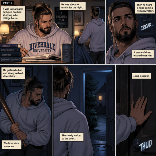 (Recap) Seth Rollins (College student) Arrives at math class and sits at his usual desk,Damien Priest (The bad boy) arrives as well,He sits on the desk next to Seth,Seth was focusing on the math lesson…Damien wasn’t,He was only focusing on Seth like he was the most beautiful angel he’s ever seen,”So beautiful” Damien thought in his mind,After class ended Seth was at his locker when suddenly Damien appeared behind him startling Seth. (And now part 2). It was late at night,Seth just finished studying in his college house. He was about to turn in for the night….Then he heard a noise coming from downstairs. He grabbed a bat and slowly walked downstairs…the front door was open. A sense of dread washed over him. The slowly walked to the door and closed it
