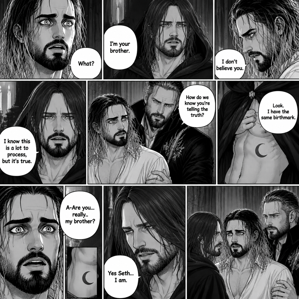(Recap) Seth Rollins (The vampire hunter turned Bride of the vampire king) was looking at himself in the mirror reeling in the fact that he’s getting married to the vampire king next week,his heart knows that,Then he saw a mysterious figure (Aj Styles) who was standing right behind him in the reflection,Jon Moxley (The vampire king) was handling the wedding preparations,then he heard a loud crash and Seth yelling “LET ME GO!!!” In the bedroom,he used his vampire speed to rush to the bedroom,The mysterious figure tries to drag Seth out the window,Seth struggles,Jon arrives just in time and attacks the mysterious figure,after that he rushes to Seth to see if he’s ok,the mysterious figure slowly gets up,Jon is about to attack,Then the mysterious figure spoke “Wait!”,”Seth…please listen to me,Seth was confused by how the man knew his name,The mysterious figure takes off his hood and drops a bombshell “My name is Aj…I’m your brother Seth,Jon and Seth were shocked by what he said. (And now part 7). Seth was stunned. “What?” Seth asked. “I’m your brother” said Aj. Seth shook his head a little. “I don’t believe you” Said Seth. “I know this is a lot to process,but it’s true” said Aj. Jon gently pulled Seth to his side. “How do we know you’re telling the truth?” Jon asked cautiously. Aj shows his birthmark,It’s the shape of a crescent moon…just like Seth’s. Seth was stunned,All this time….he thought he was the only one with that birthmark. “A-Are you…really..my brother?” Seth asked. “Yes Seth…I am” said Aj