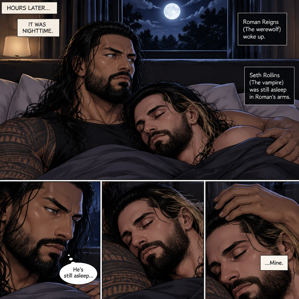 (Part 3 of the Werewolf x Vampire story). Hours later,It was nighttime. Roman Reigns (The werewolf) woke up. Seth Rollins (The vampire) was still asleep in Roman’s arms