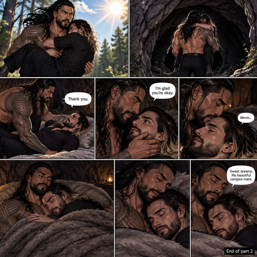 (Part 2 of the Werewolf x Vampire story) Roman Reigns (The werewolf) was running to his cave with Seth Rollins (The vampire) in his arms getting him out of the sun. Seth held on tightly. Roman managed to get there before the sun fully rose. Seth was relieved. Roman gently put him down on the fur bed. “Thank you” Seth said softly. Roman gently put his hand on Seth’s cheek. “I’m glad you’re okay” Roman said Softly. He gently kissed Seth’s forehead. Seth hummed softly. Then Roman noticed that Seth was getting sleepy. He gently pulled Seth closer to him and put a blanket over them. Seth fell asleep in Roman’s arms. Roman gently kissed Seth’s forehead again. “Sweet dreams,My beautiful vampire mate” Roman said softly. Roman Eventually fell asleep as well. (End of part 2)